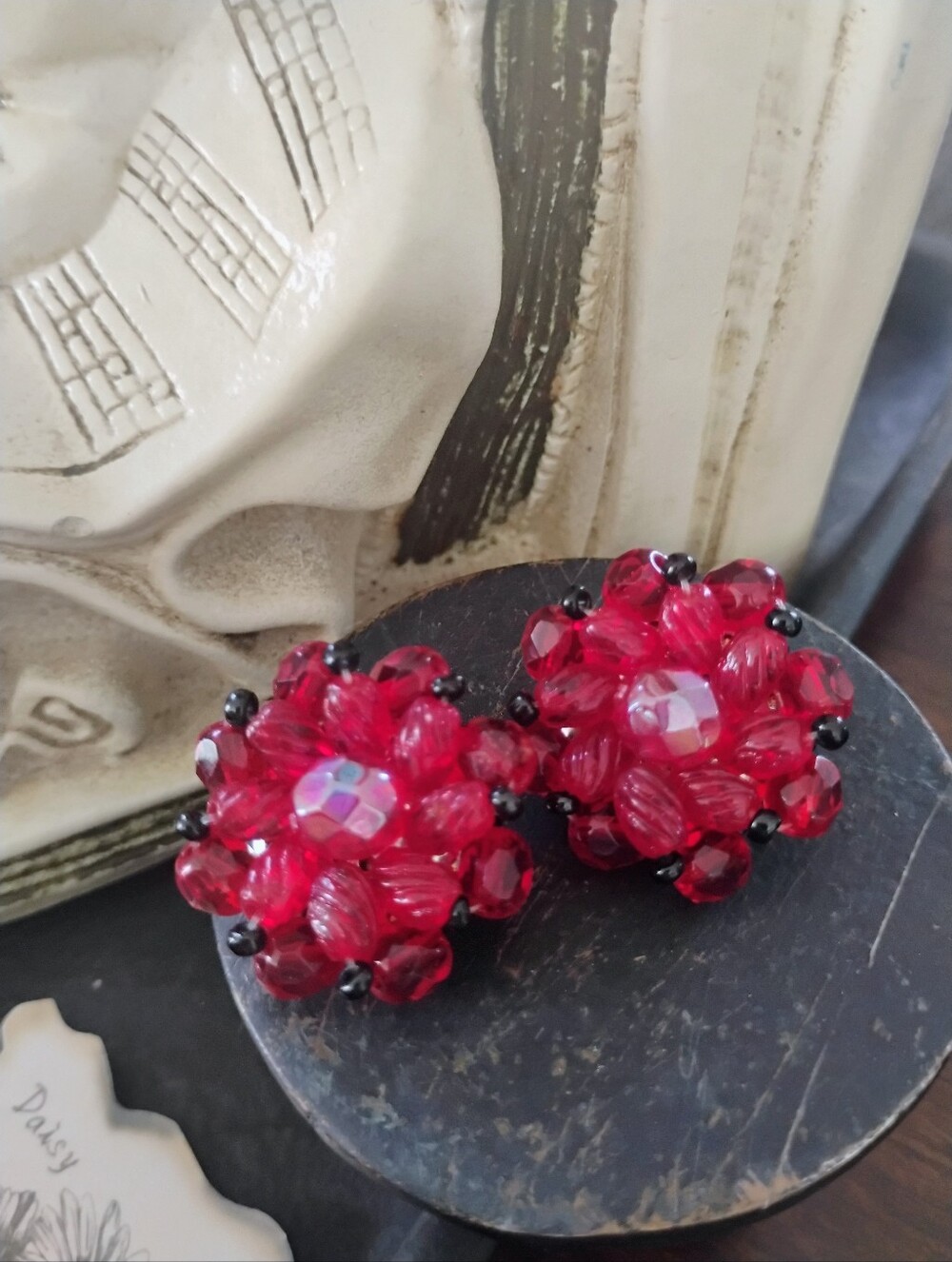 Vintage, Earrings Ruby Beaded Made In Germany, Holiday Event Clip On Earring